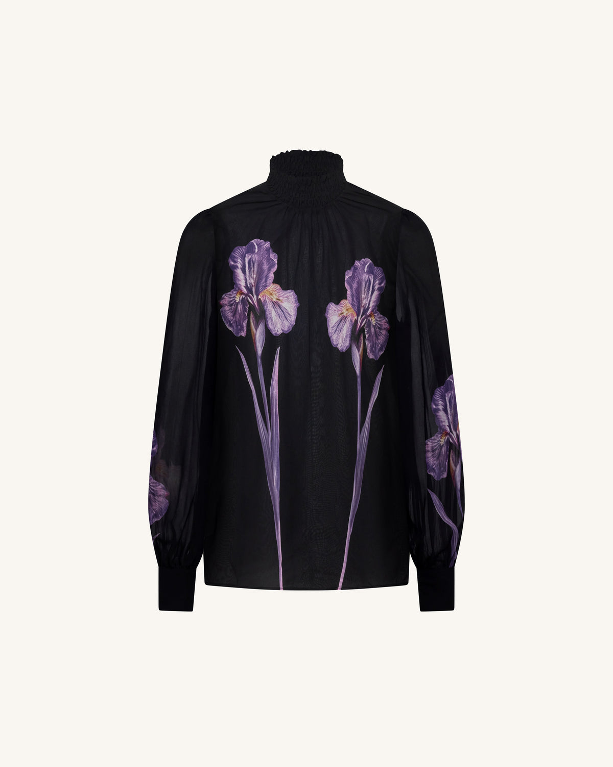 Iris Print Sheer High Neck Blouse - Black/Purple | JW PEI