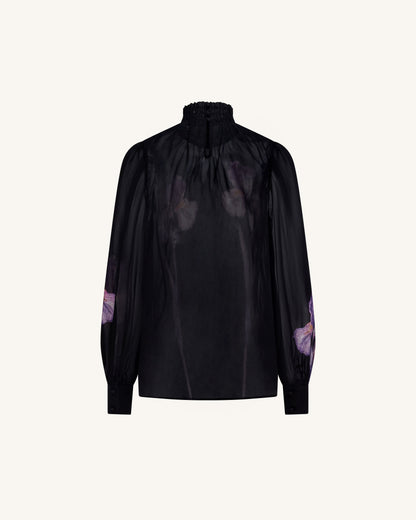 Iris Print Sheer High Neck Blouse - Black/Purple | JW PEI