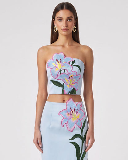 Lily Floral Embroidered Strapless Corset Top - Light Blue | JW PEI