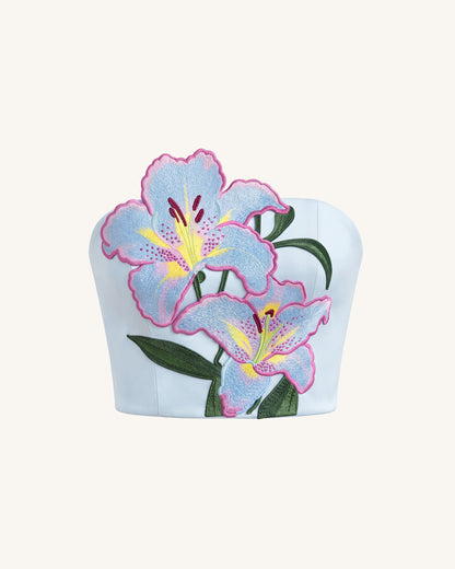 Lily Floral Embroidered Strapless Corset Top - Light Blue | JW PEI