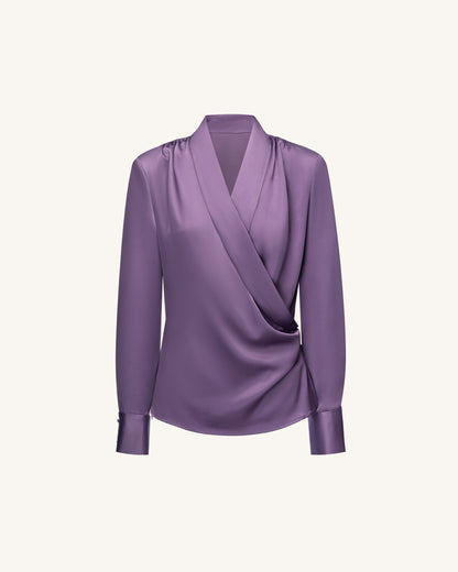 Satin Wrap V Neck Long Sleeve Blouse - Dusty Mauve | JW PEI