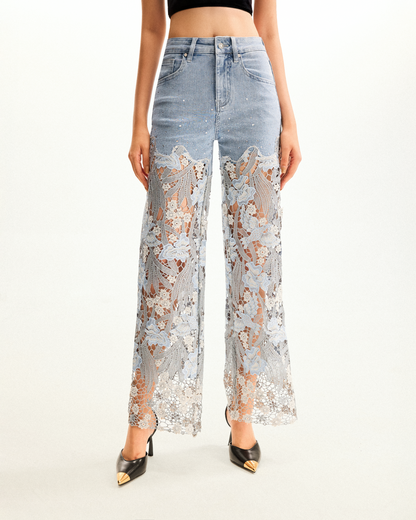 Embroidery High Rise Wide Leg Lace Denim Jeans With Rhinestone - Light | JW PEI