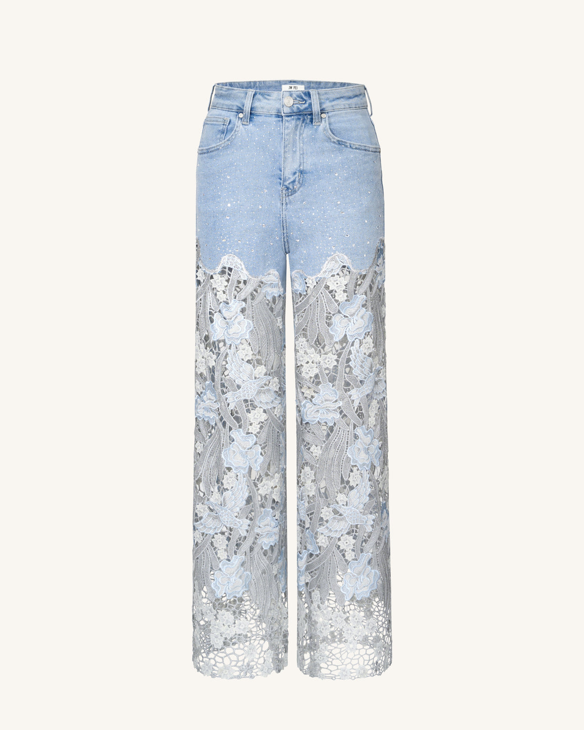 Embroidery High Rise Wide Leg Lace Denim Jeans With Rhinestone - Light | JW PEI