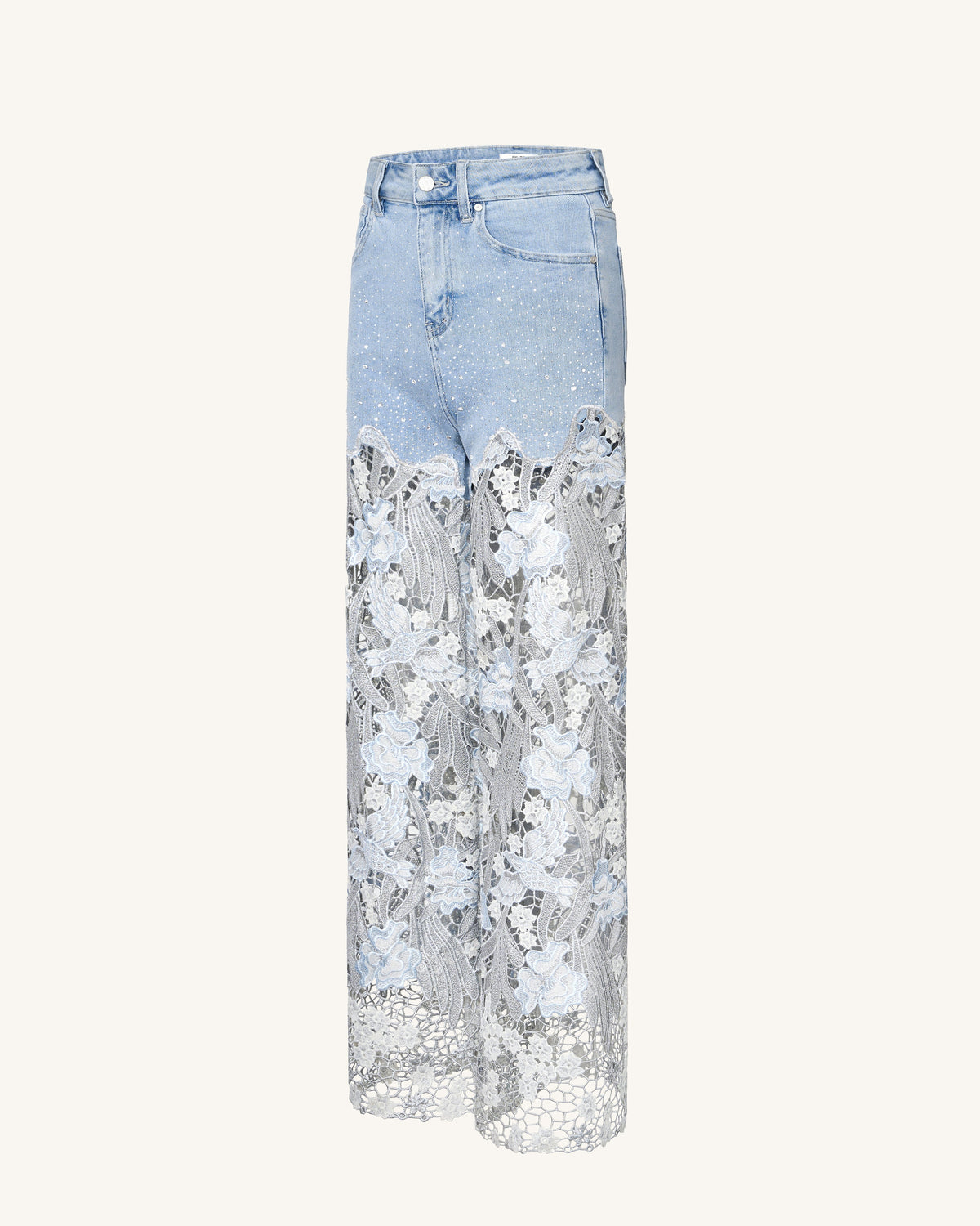 Embroidery High Rise Wide Leg Lace Denim Jeans With Rhinestone - Light | JW PEI