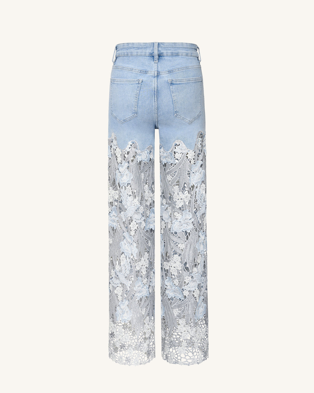 Embroidery High Rise Wide Leg Lace Denim Jeans With Rhinestone - Light | JW PEI