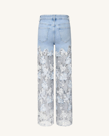 Embroidery High Rise Wide Leg Lace Denim Jeans With Rhinestone - Light | JW PEI