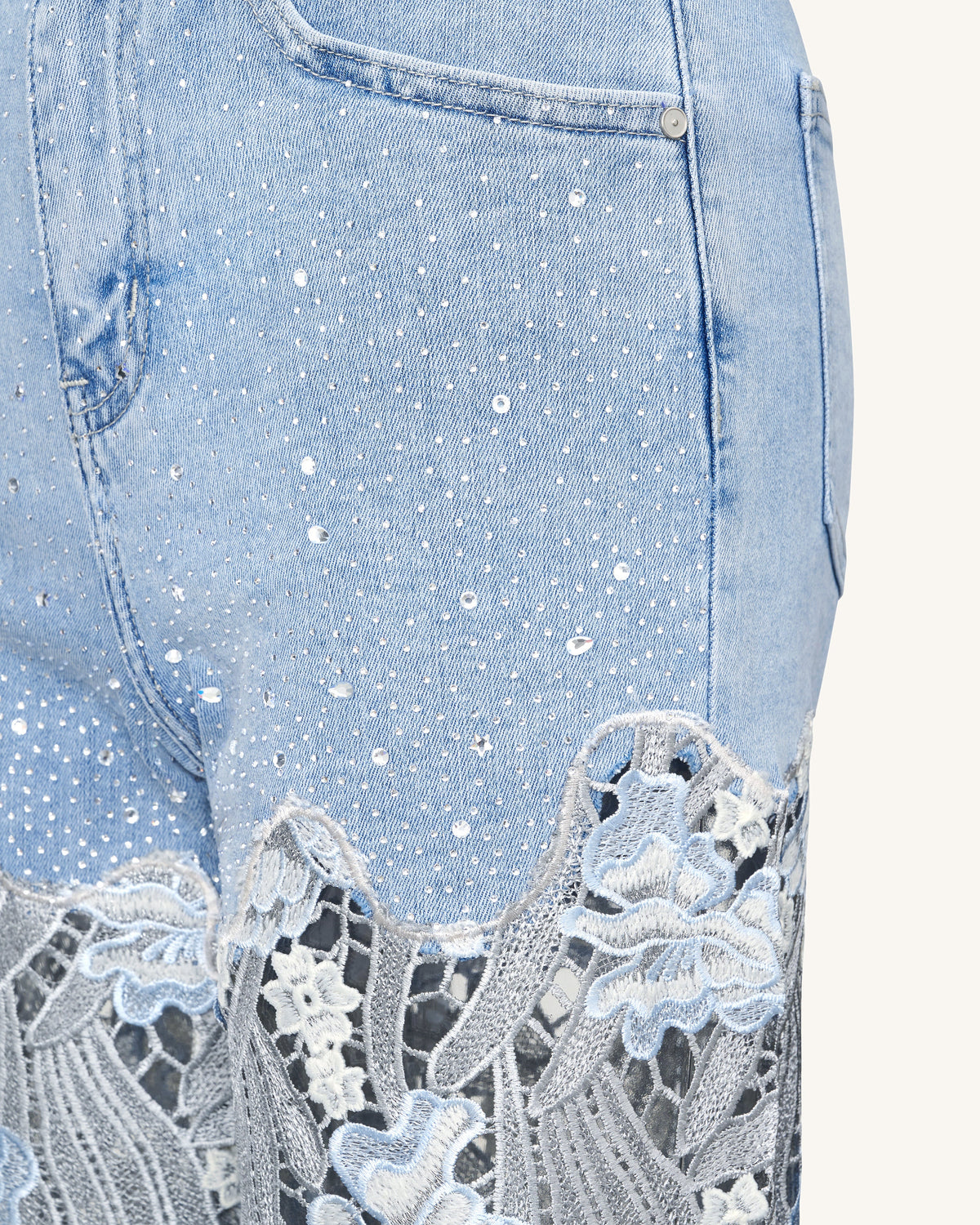 Embroidery High Rise Wide Leg Lace Denim Jeans With Rhinestone - Light | JW PEI