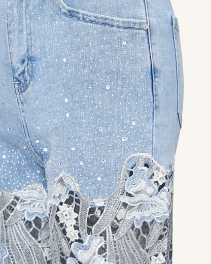Embroidery High Rise Wide Leg Lace Denim Jeans With Rhinestone - Light | JW PEI