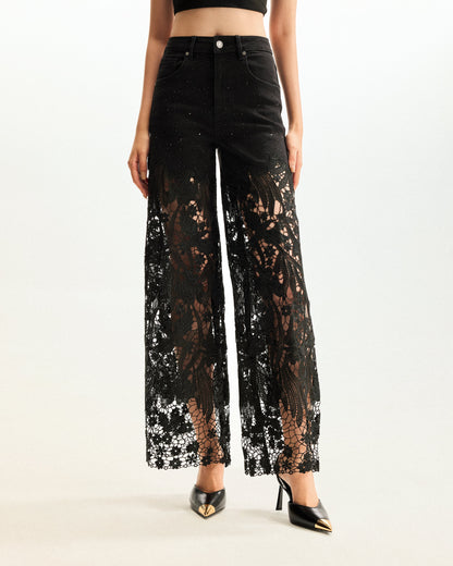 Embroidery High Rise Wide Leg Lace Denim Jeans With Rhinestone - Black | JW PEI