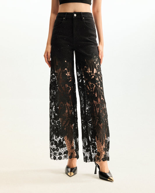 Embroidery High Rise Wide Leg Lace Denim Jeans With Rhinestone - Black | JW PEI