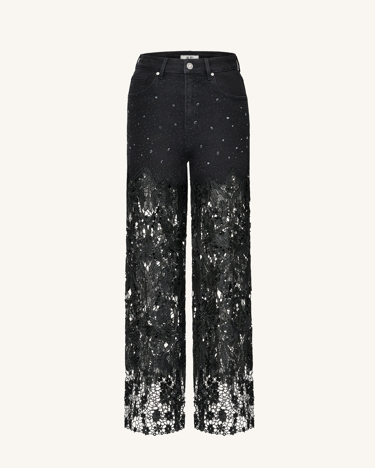 Embroidery High Rise Wide Leg Lace Denim Jeans With Rhinestone - Black | JW PEI
