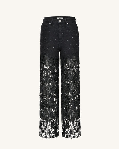 Embroidery High Rise Wide Leg Lace Denim Jeans With Rhinestone - Black | JW PEI