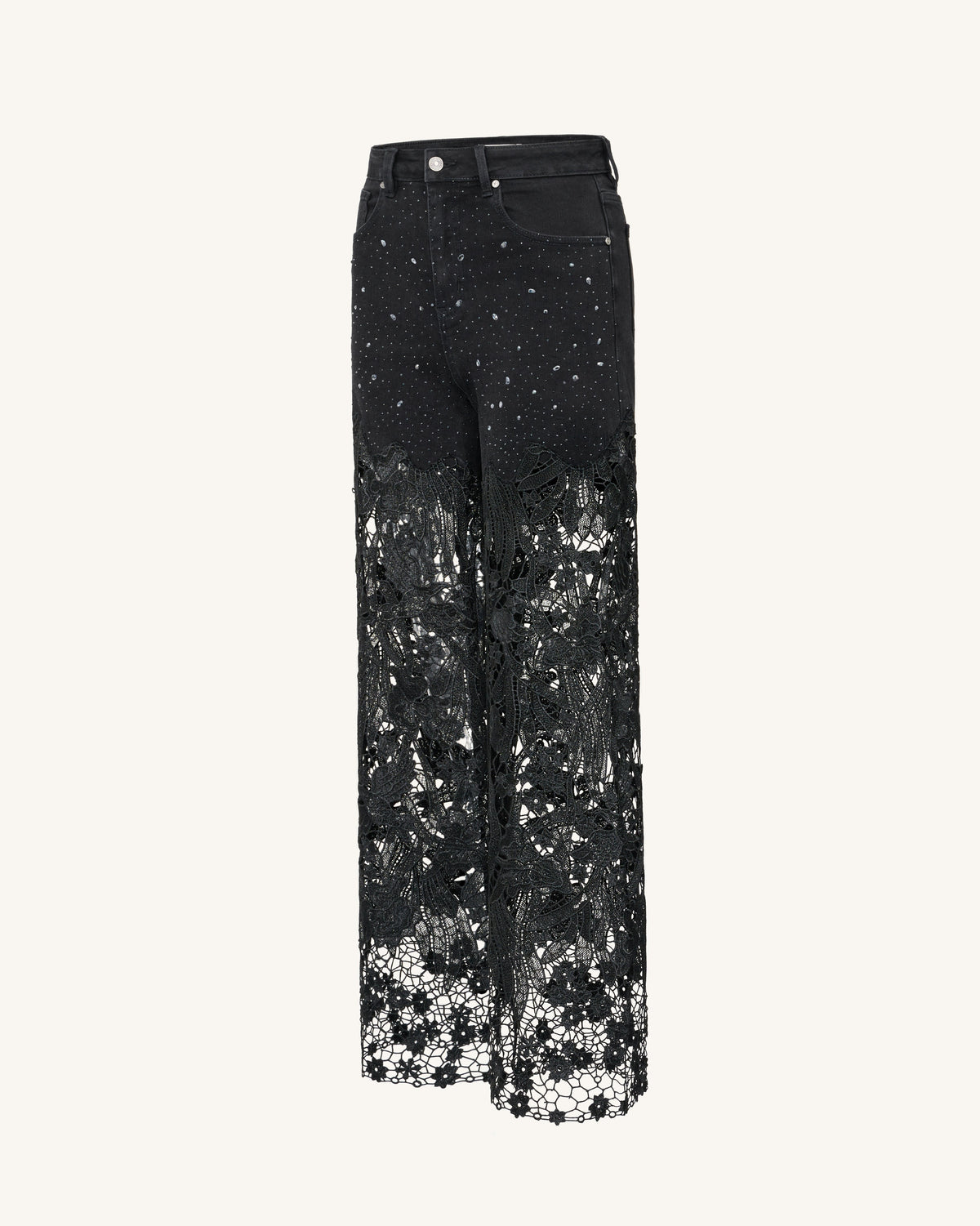 Embroidery High Rise Wide Leg Lace Denim Jeans With Rhinestone - Black | JW PEI