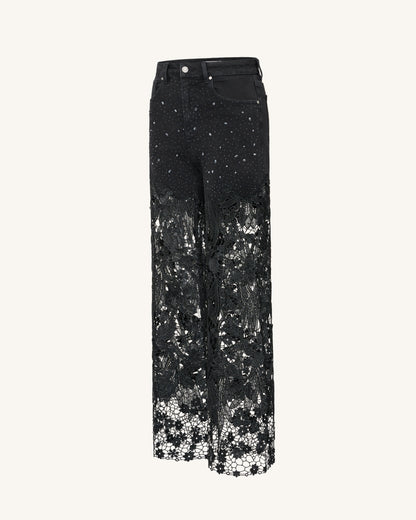 Embroidery High Rise Wide Leg Lace Denim Jeans With Rhinestone - Black | JW PEI