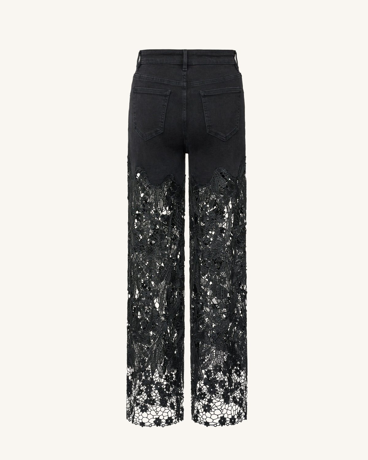 Embroidery High Rise Wide Leg Lace Denim Jeans With Rhinestone - Black | JW PEI