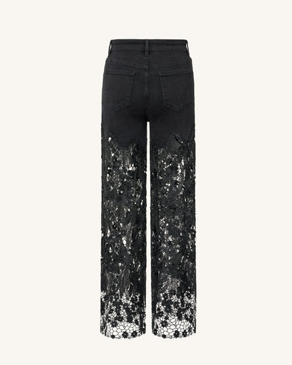 Embroidery High Rise Wide Leg Lace Denim Jeans With Rhinestone - Black | JW PEI