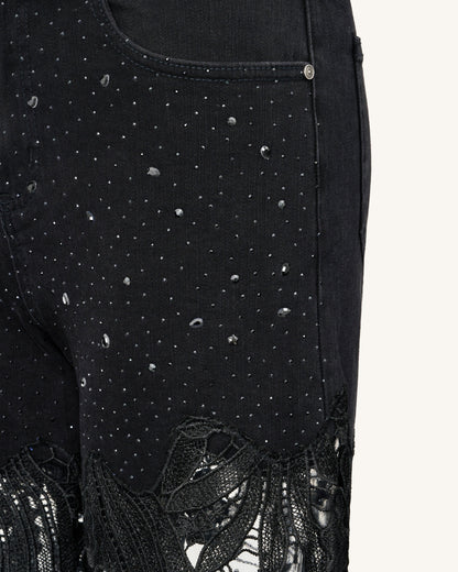 Embroidery High Rise Wide Leg Lace Denim Jeans With Rhinestone - Black | JW PEI