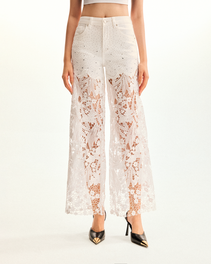 Embroidery High Rise Wide Leg Lace Denim Jeans With Rhinestone - White | JW PEI