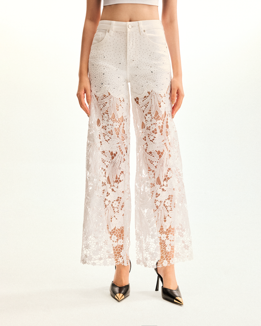 Embroidery High Rise Wide Leg Lace Denim Jeans With Rhinestone - White | JW PEI
