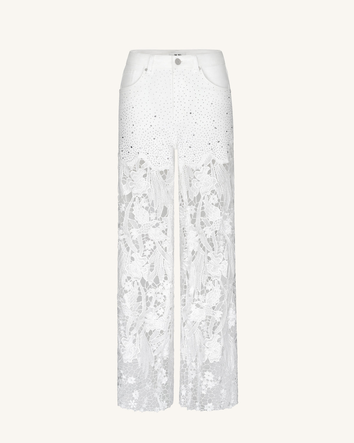 Embroidery High Rise Wide Leg Lace Denim Jeans With Rhinestone - White | JW PEI