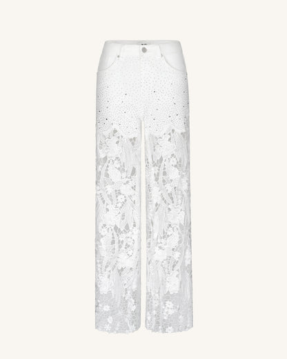 Embroidery High Rise Wide Leg Lace Denim Jeans With Rhinestone - White | JW PEI