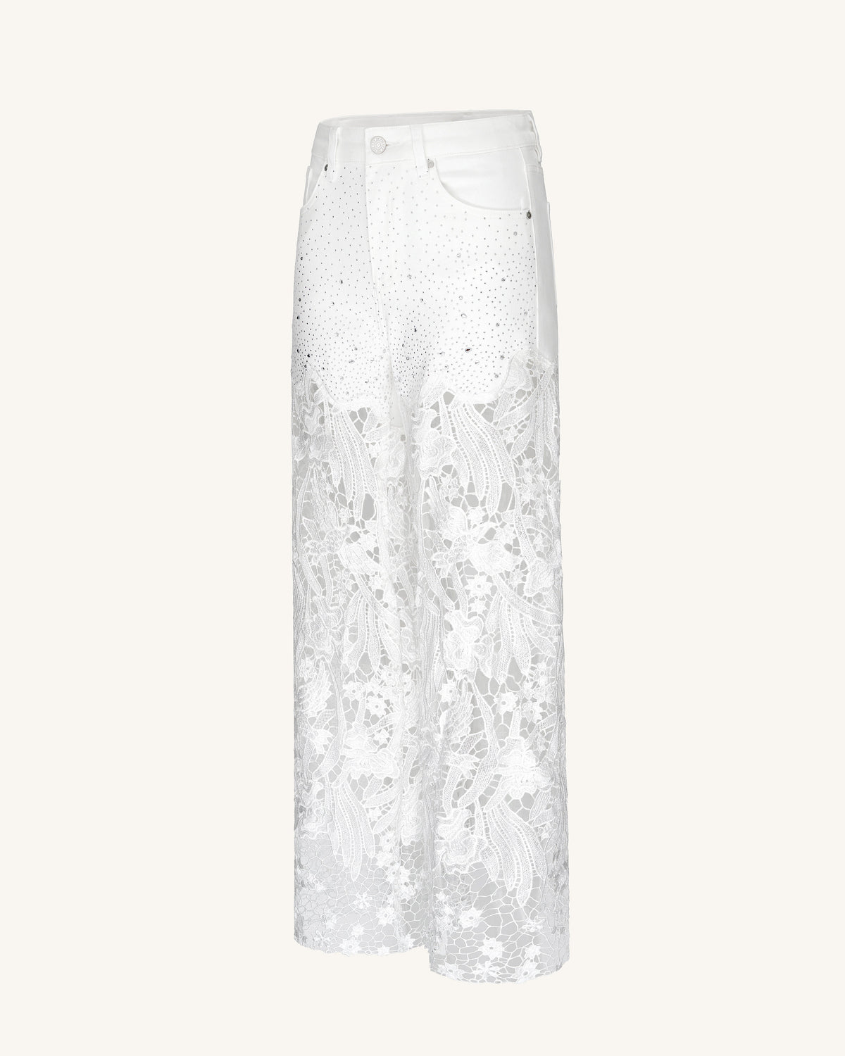 Embroidery High Rise Wide Leg Lace Denim Jeans With Rhinestone - White | JW PEI