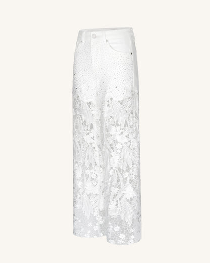Embroidery High Rise Wide Leg Lace Denim Jeans With Rhinestone - White | JW PEI