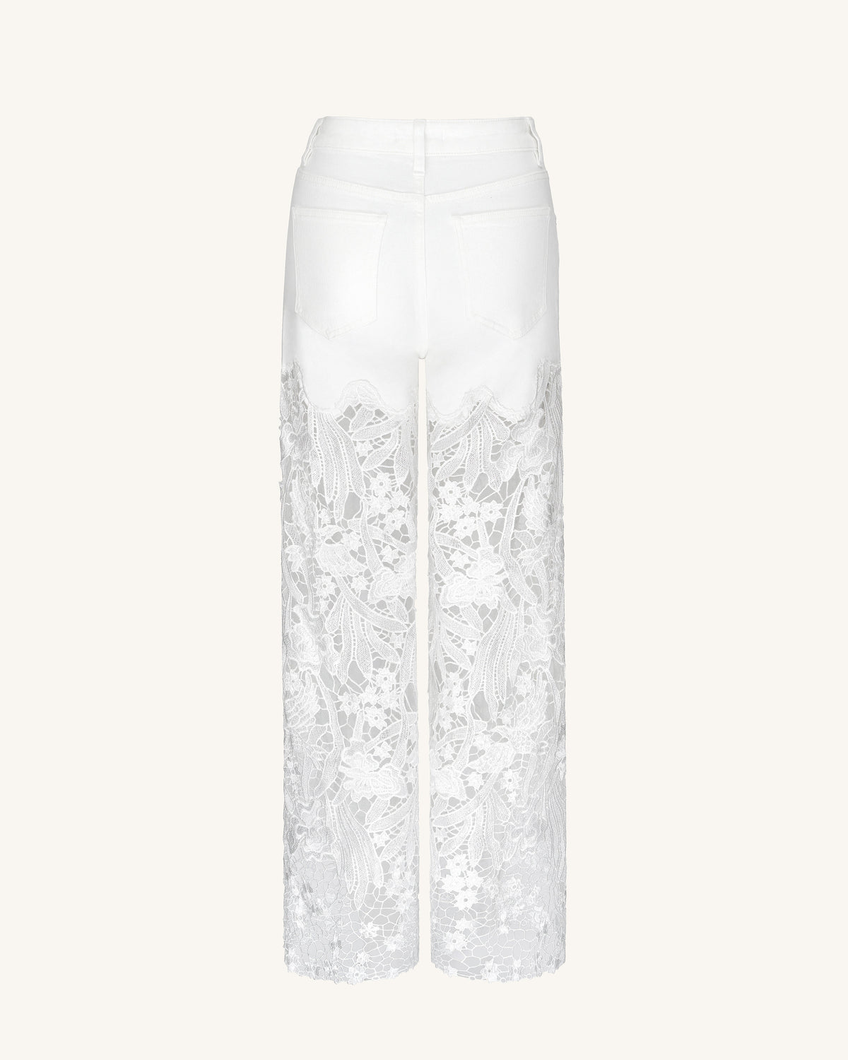 Embroidery High Rise Wide Leg Lace Denim Jeans With Rhinestone - White | JW PEI
