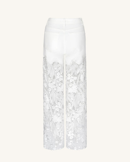 Embroidery High Rise Wide Leg Lace Denim Jeans With Rhinestone - White | JW PEI