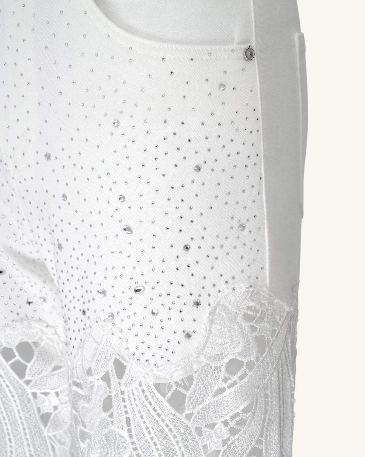 Embroidery High Rise Wide Leg Lace Denim Jeans With Rhinestone - White | JW PEI