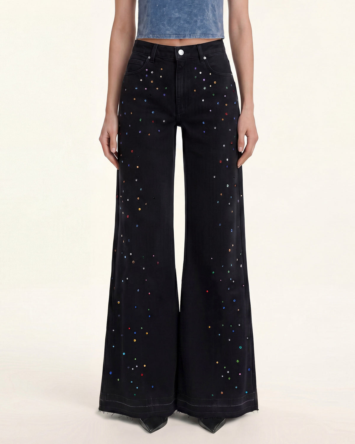 The Troublemaker Multi-Color Rhinestone Split Fray Jeans - Midnight Co | JW PEI