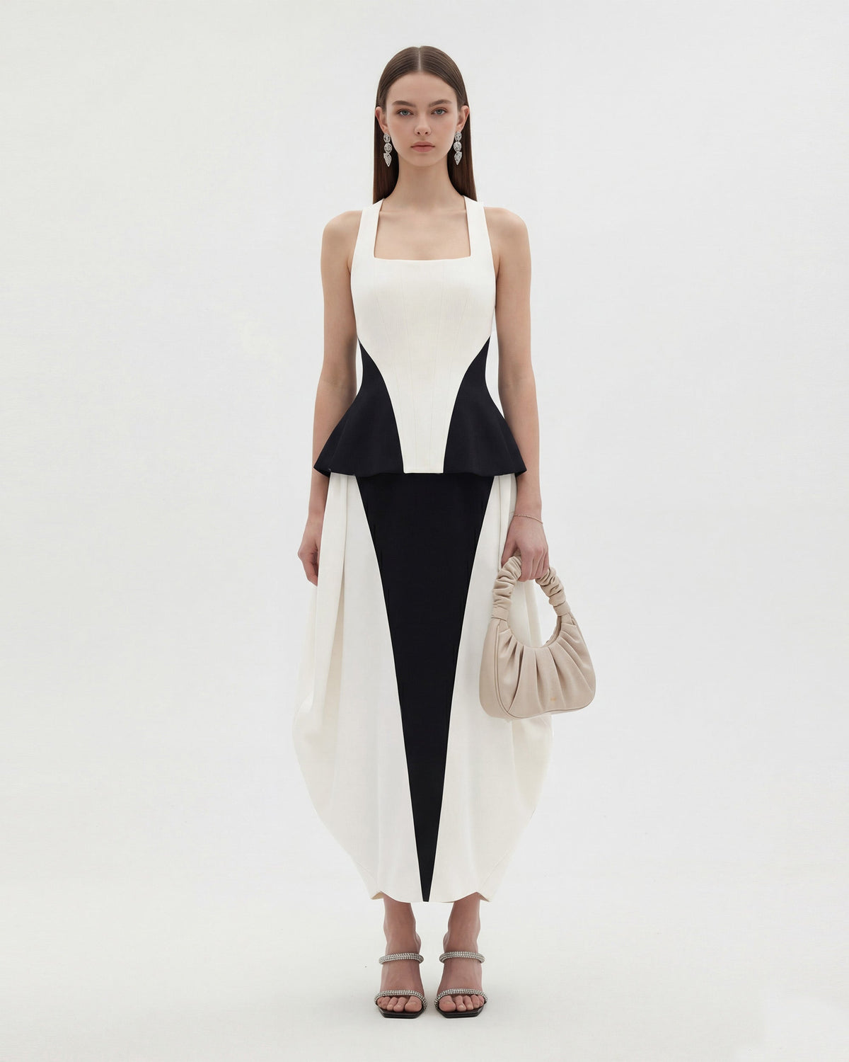 Monochrome Paneled Structured Pannier Maxi Skirt - Black | JW PEI