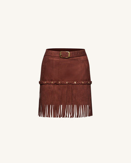 Western-Style Sueded Fringe Skirt - Burgundy | JW PEI