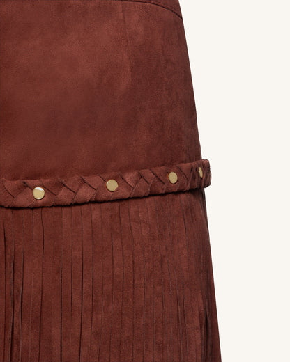 Western-Style Sueded Fringe Skirt - Burgundy | JW PEI