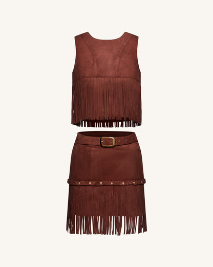 Western-Style Sueded Fringe Skirt - Burgundy | JW PEI