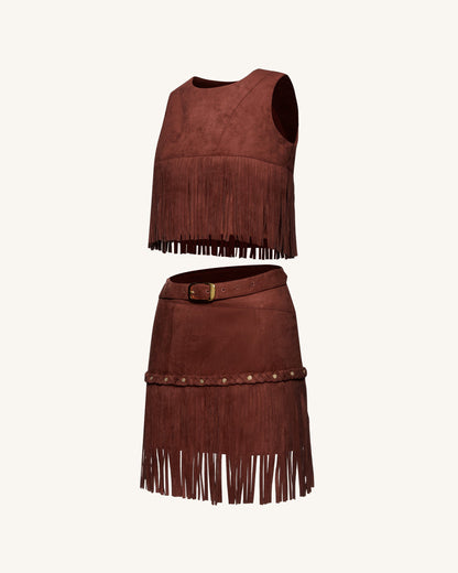 Western-Style Sueded Fringe Skirt - Burgundy | JW PEI