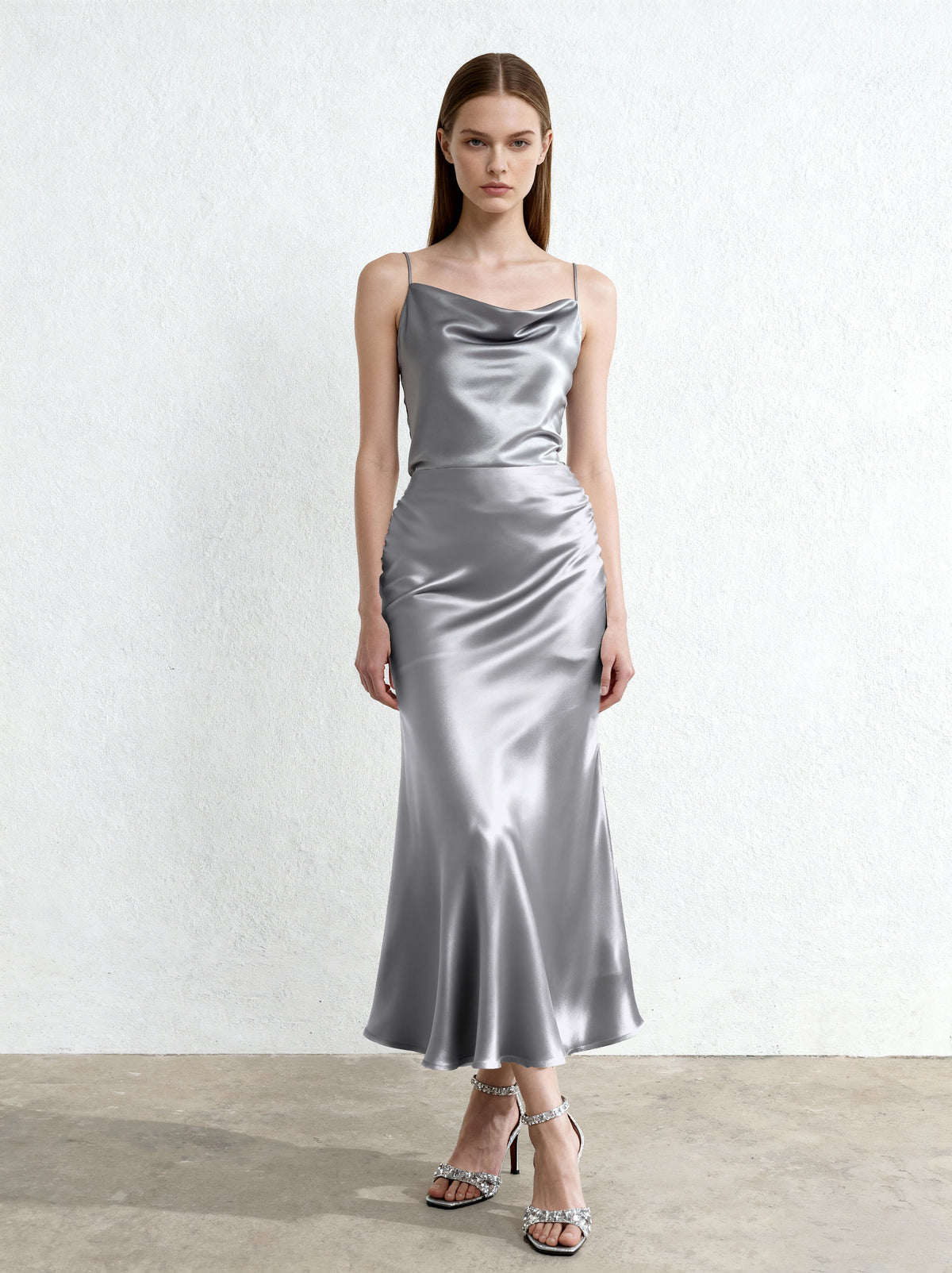 Liquid Satin Mermaid Maxi Skirt - Silver | JW PEI