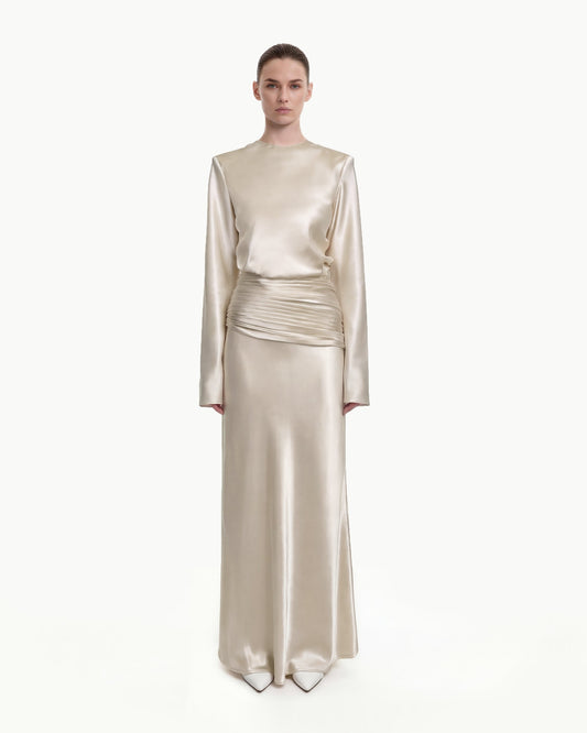 Satin-Feel Draped Maxi Skirt - Cream | JW PEI