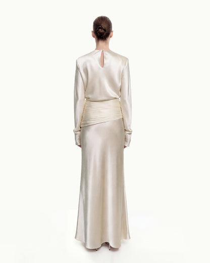 Satin-Feel Draped Maxi Skirt - Cream | JW PEI