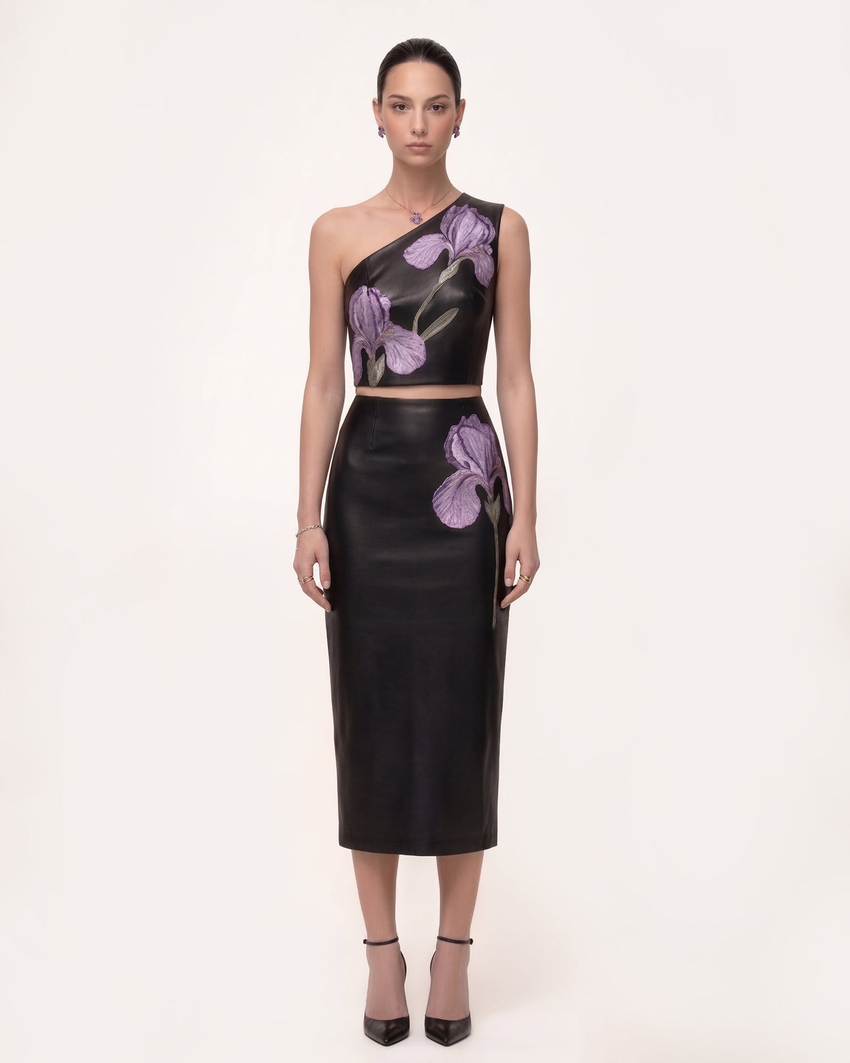 Iris Floral-Print High Waist Pencil Leather Midi Skirt - Black | JW PEI