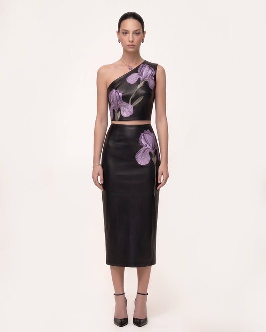 Iris Floral-Print High Waist Pencil Leather Midi Skirt - Black | JW PEI