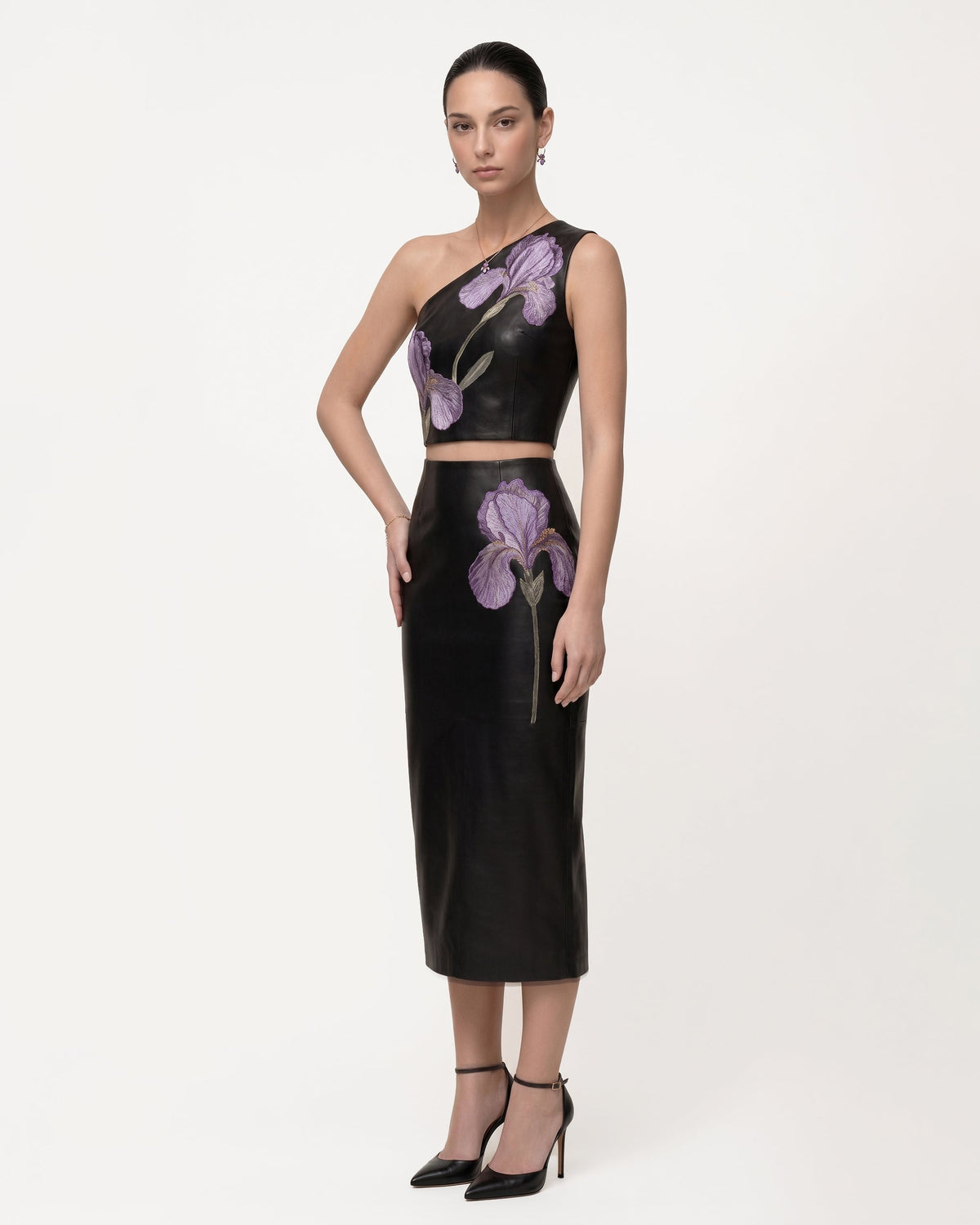 Iris Floral-Print High Waist Pencil Leather Midi Skirt - Black | JW PEI
