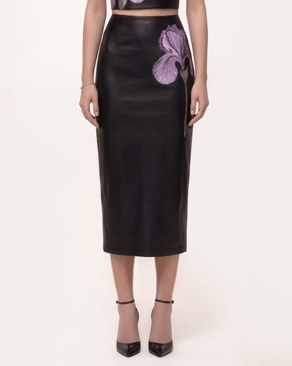 Iris Floral-Print High Waist Pencil Leather Midi Skirt - Black | JW PEI
