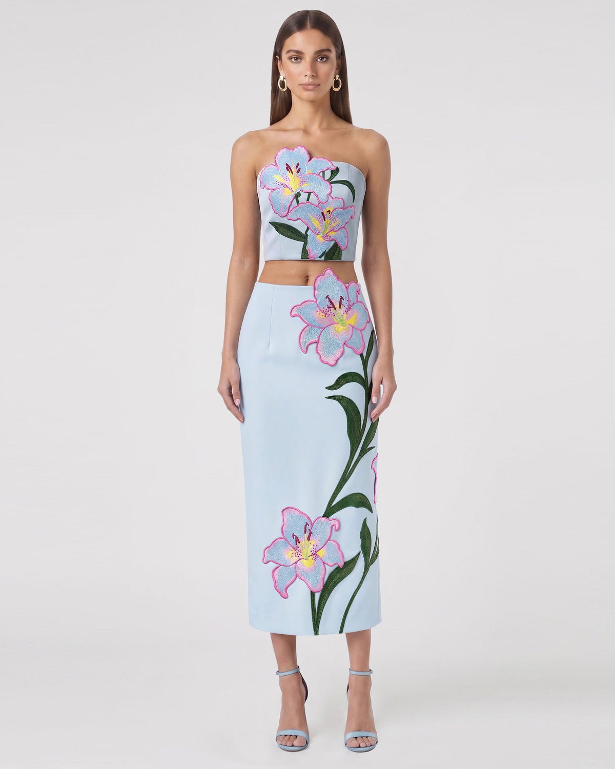 Lily Floral Embroidered High Waist Pencil Midi Skirt - Light Blue | JW PEI