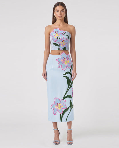 Lily Floral Embroidered High Waist Pencil Midi Skirt - Light Blue | JW PEI