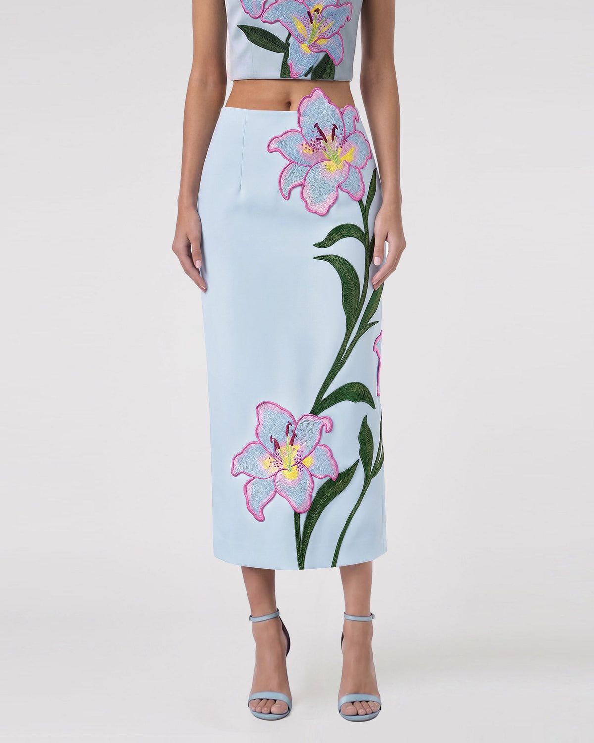 Lily Floral Embroidered High Waist Pencil Midi Skirt - Light Blue | JW PEI