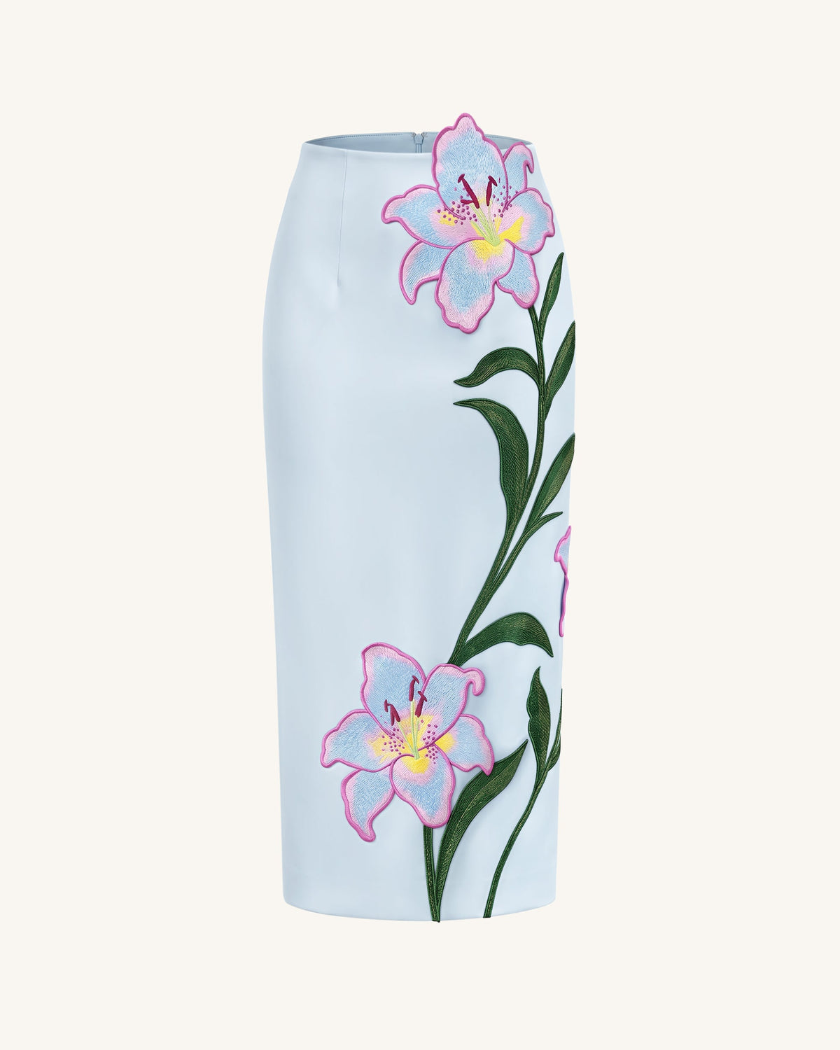 Lily Floral Embroidered High Waist Pencil Midi Skirt - Light Blue | JW PEI