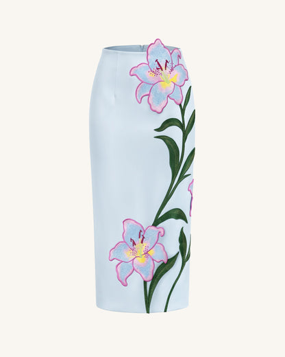 Lily Floral Embroidered High Waist Pencil Midi Skirt - Light Blue | JW PEI