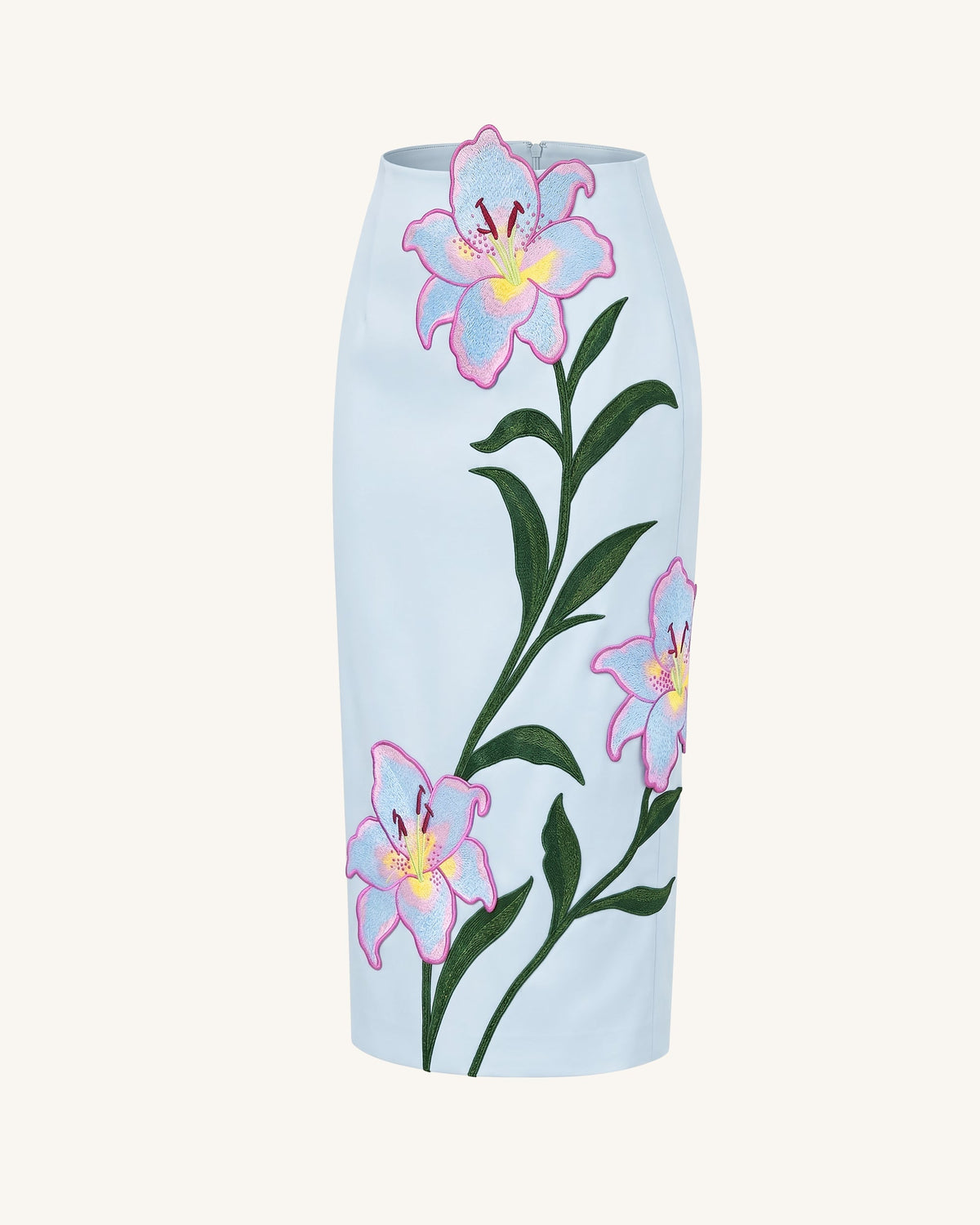 Lily Floral Embroidered High Waist Pencil Midi Skirt - Light Blue | JW PEI