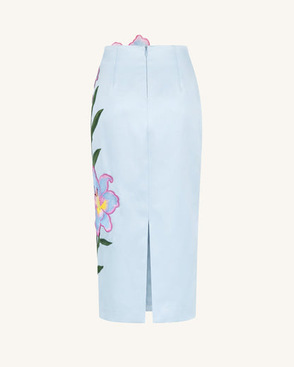Lily Floral Embroidered High Waist Pencil Midi Skirt - Light Blue | JW PEI